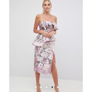 ASOS Pink Floral Strapless Peplum Midi Dress with Side Slit